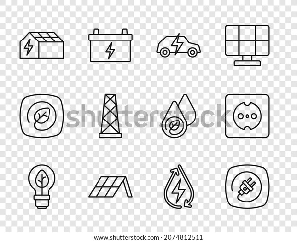 Set\
line Light bulb with leaf, Electric plug, car, Solar energy panel,\
Antenna, Water and Electrical outlet icon.\
Vector