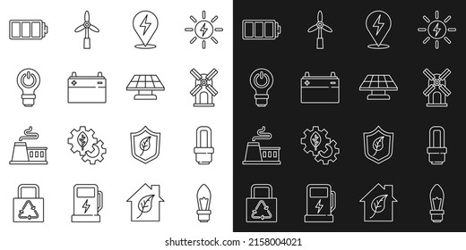 Set line Light bulb, LED light, Wind turbine, Lightning bolt, Car battery, with lightning, Battery and Solar energy panel icon. Vector