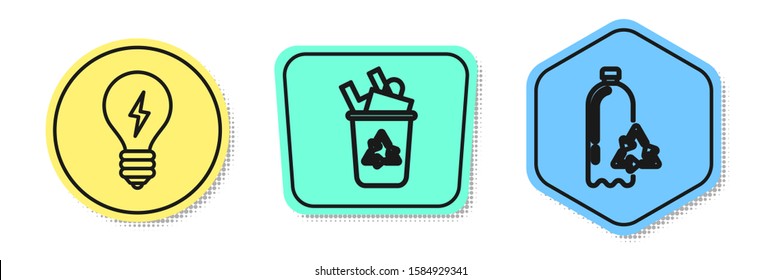 Set line Light bulb with lightning symbol, Recycle bin with recycle symbol and Recycling plastic bottle. Colored shapes. Vector