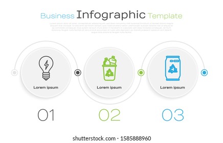 Set line Light bulb with lightning symbol, Recycle bin with recycle symbol and Can with recycle symbol and can. Business infographic template. Vector