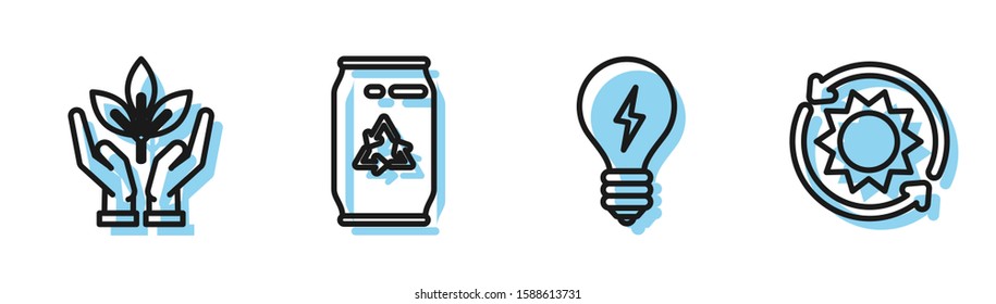 Set line Light bulb with lightning symbol, Plant in hand of environmental protection, Can with recycle symbol and can and Solar energy panel icon. Vector