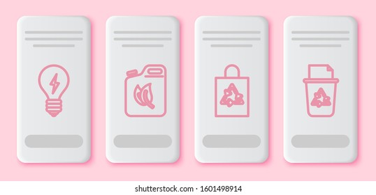 Set line Light bulb with lightning symbol, Bio fuel canister, Plastic bag with recycle and Recycle bin with recycle symbol. White rectangle button. Vector