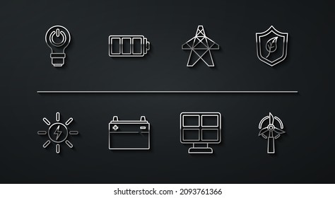 Set line Light bulb with lightning, Solar energy panel, Shield leaf, Car battery, Battery, Wind turbine and Electric tower icon. Vector