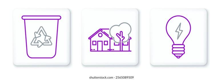 Set line Light bulb with lightning symbol, Recycle bin recycle and Eco friendly house icon. Vector