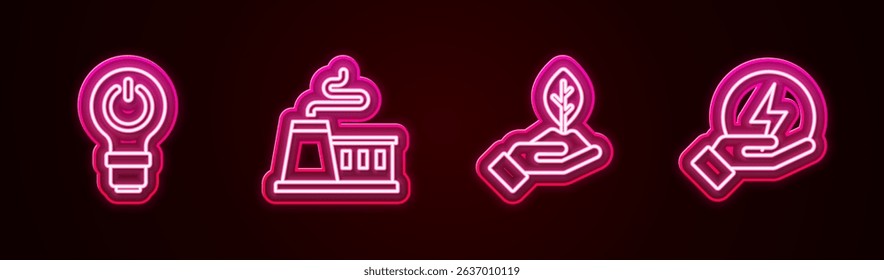 Set line Light bulb with lightning, Factory, Plant hand and Lightning bolt. Glowing neon icon. Vector