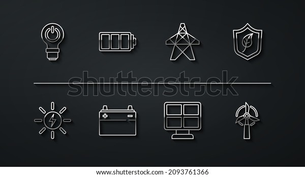 Set line Light bulb with lightning, Solar energy\
panel, Shield leaf, Car battery, Battery, Wind turbine and Electric\
tower icon. Vector