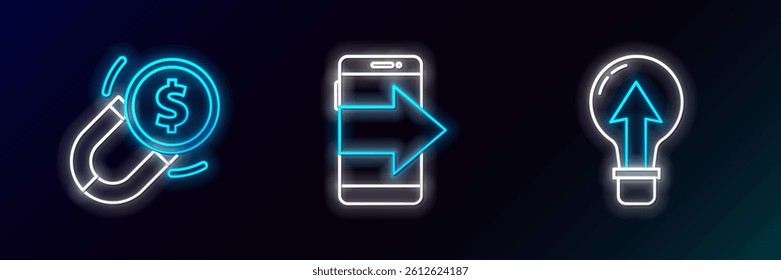 Set line Light bulb, Magnet with money and Smartphone, mobile phone icon. Glowing neon. Vector