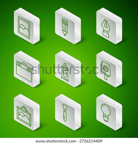 Set line Light bulb, Paint brush, Graphic tablet, Marker pen, Pencil with eraser, Picture landscape and Spray can nozzle icon. Vector