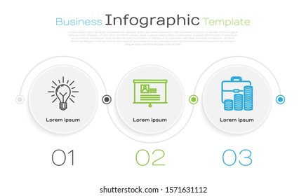 Set line Light bulb with rays shine and concept of idea, Board with resume and Briefcase and coin. Business infographic template. Vector