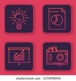 Set line Light bulb with rays shine and concept of idea, Board with graph chart, Document with graph chart and Safe and money. Blue square button. Vector