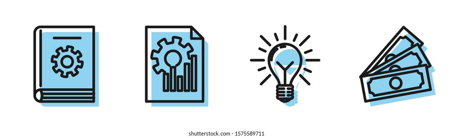 Set line Light bulb with rays shine and concept of idea, User manual, Document with graph chart and Stacks paper money cash icon. Vector