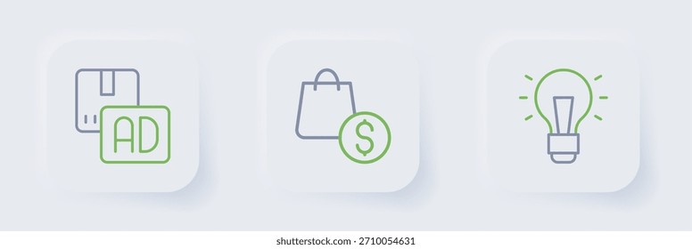 Set línea Bombilla, bolso de compras y dólar e icono de publicidad. Vector