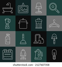Set line Light bulb, Spatula, Hanger wardrobe, Table lamp, Cooking pot, Blender, Bathtub and Trash can icon. Vector