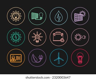 Set line Light bulb, Sun with electric plug, Water energy, gear, Solar panel, Car battery recycle and and light icon. Vector