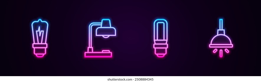 Set Linie Glühbirne, Tischlampe, LED-Licht und Kronleuchter. Leuchtendes Neonsymbol. Vektorgrafik