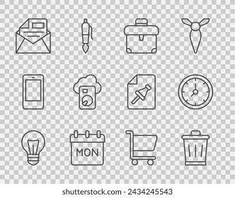 Set line Light bulb, Trash can, Briefcase, Calendar, Mail and e-mail, Cloud database, Shopping cart and Clock icon. Vector