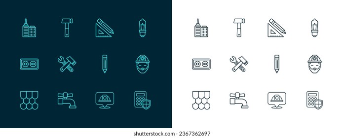 Set line Light bulb, Water tap, Pencil with eraser, Worker safety helmet, Hammer and wrench spanner, Triangular ruler pencil, City landscape and  icon. Vector