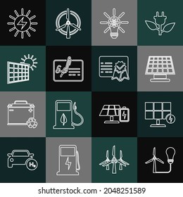 Set line Light bulb with wind turbine, Solar energy panel, gear, Signed document, and sun,  and Certificate template icon. Vector
