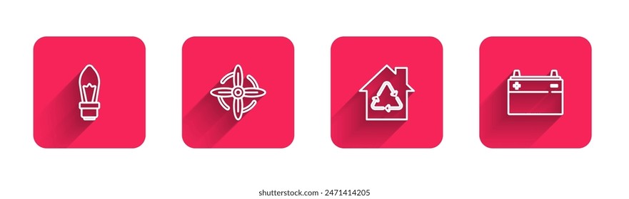 Set line Light bulb, Wind turbine, Eco House with recycling and Car battery with long shadow. Red square button. Vector