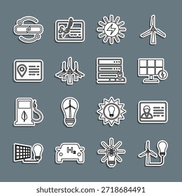Set line Light bulb with wind turbine, Identification badge, Solar energy panel, Wind turbines, Address book, Chain link line and Customer care server icon. Vector