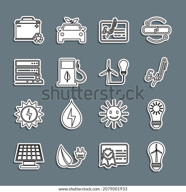 Set line Light bulb\
with wind turbine, Solar energy panel, Signature, Signed document,\
Bio fuel fueling nozzle, Customer care server, Car battery recycle\
and  icon. Vector