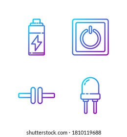 Set line Light emitting diode, Electric circuit scheme, Battery and Electric light switch. Gradient color icons. Vector