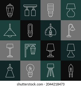Fijar línea Diodo emisor de luz, lámpara de mesa, piso, lámpara de luz LED, colgante de lámpara, icono Jardín y lámpara de araña. Vector