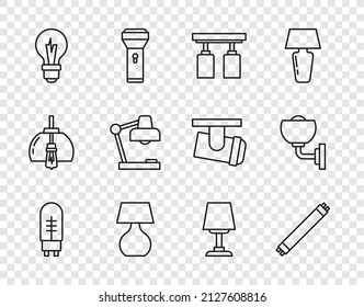 Fijar línea Diodo emisor de luz, Lámpara fluorescente, Luces y lámparas de vía Led, Tabla, bombilla e icono de pared. Vector