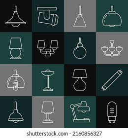 Set line Light emitting diode, Fluorescent lamp, Chandelier, Wall sconce, Table,  and Lamp hanging icon. Vector
