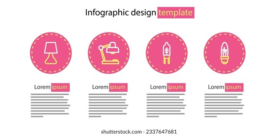 Fijar línea Diodo emisor de luz, bombilla, lámpara de mesa e icono. Vector