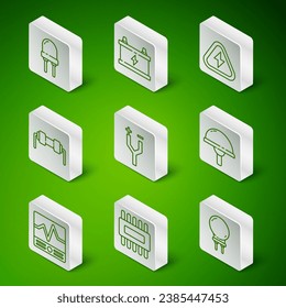 Set line Light emitting diode, Processor with microcircuits CPU, Electric cable, Resistor electricity, Car battery, Electrical measuring instruments and  icon. Vector