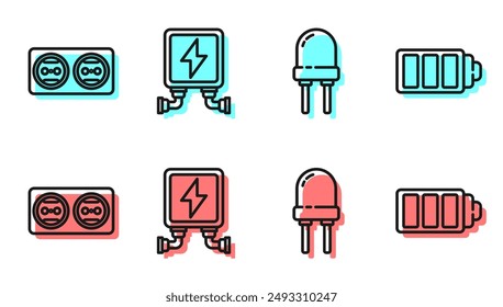 Set line Light emitting diode, Electrical outlet, Electric transformer and Battery charge level indicator icon. Vector