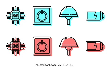 Set line Light emitting diode, Processor with microcircuits CPU, Electric light switch and Battery charge level indicator icon. Vector