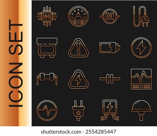 Set line Light emitting diode, Lightning bolt, circuit scheme, Exclamation mark triangle, Fuse, Processor with microcircuits CPU and Battery charge level indicator icon. Vector