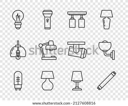 Set line Light emitting diode, Fluorescent lamp, Led track lights and lamps, Table, bulb, and Wall sconce icon. Vector