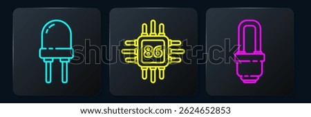 Set line Light emitting diode, LED light bulb and Processor with microcircuits CPU. Black square button. Vector