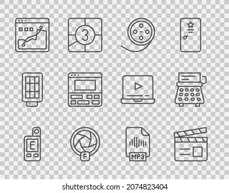 Set line Light meter, Movie clapper, Film reel, Camera shutter, Histogram graph photography, Video recorder on laptop, MP3 file document and Retro typewriter icon. Vector