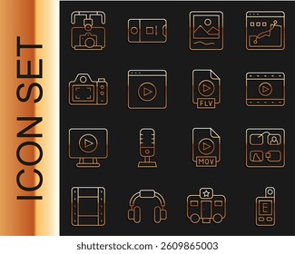 Set line Light meter, Storyboard, Play Video, Photo frame, Online play video, camera, Gimbal stabilizer with and FLV file document icon. Vector