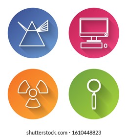 Set line Light rays in prism, Computer monitor with keyboard and mouse, Radioactive and Magnifying glass. Color circle button. Vector