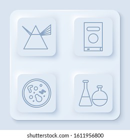 Set line Light rays in prism, Book, Bacteria and Test tube and flask chemical laboratory. White square button. Vector