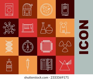 Set line Light rays in prism, Radioactive, Rat, Bacteria, Pendulum, Book and Test tube and flask chemical laboratory icon. Vector