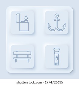 Set line Lighter, Anchor, Bench and Flashlight. White square button. Vector