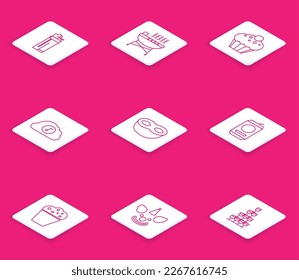 Set line Lighter, Barbecue grill, Muffin, Music streaming service, Festive mask, Beer can, Popcorn cardboard box and Clown head icon. Vector