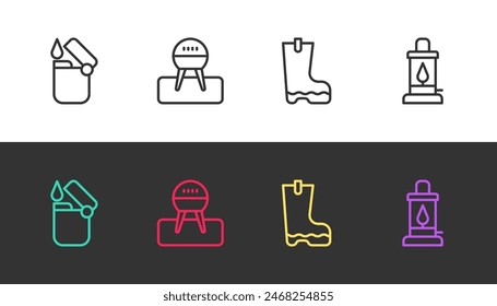 Set line Lighter, Barbecue grill, Waterproof rubber boot and Camping lantern on black and white. Vector