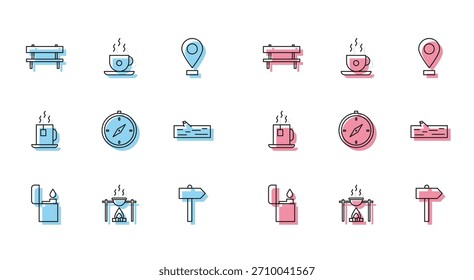 Fije la línea del encendedor, fogata y pote, banco, señal de tráfico del camino, brújula, tronco de madera, taza de té con la bolsa de té y el icono de la taza de café. Vector