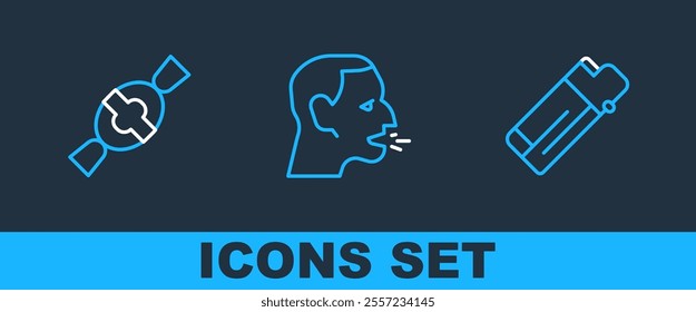 Set line Lighter, Candy and Man coughing icon. Vector