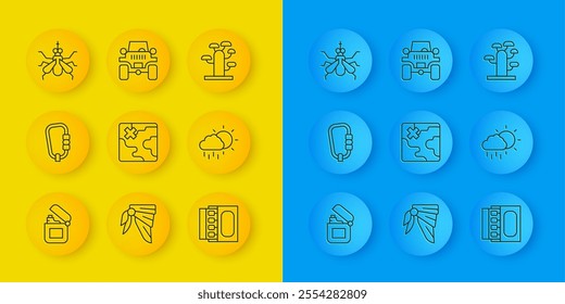 Set line Lighter, Carabiner, Africa safari map, Matchbox and matches, Cloud with rain, Mosquito, African tree and Off road car icon. Vector