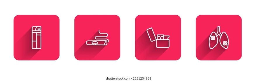 Set line Lighter, Cigar,  and Disease lungs with long shadow. Red square button. Vector