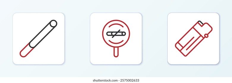 Set line Lighter, Cigarette and No smoking icon. Vector