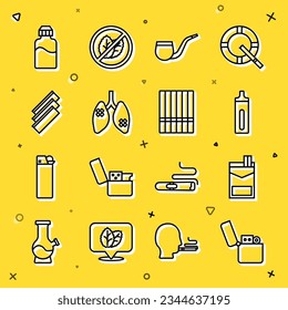 Encender la línea, cajón de cigarrillos, cigarrillo electrónico, No fumar pipa, Pulmones de la enfermedad, papeles rodante, botella líquida Vape e icono. Vector